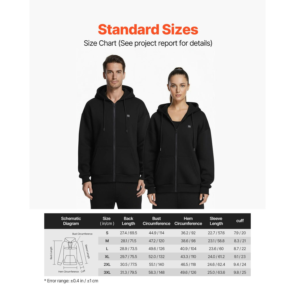Heated Jacket Hoodie for Men Women, Heated Sweatshirt Unisex Full-Zip with 7.4V 16000mAh Power Bank Pack, 5 Heating Zones, 3 Temp Levels, 4-8H Warmth, for Winter Outdoor Camping, Black, XL Size
