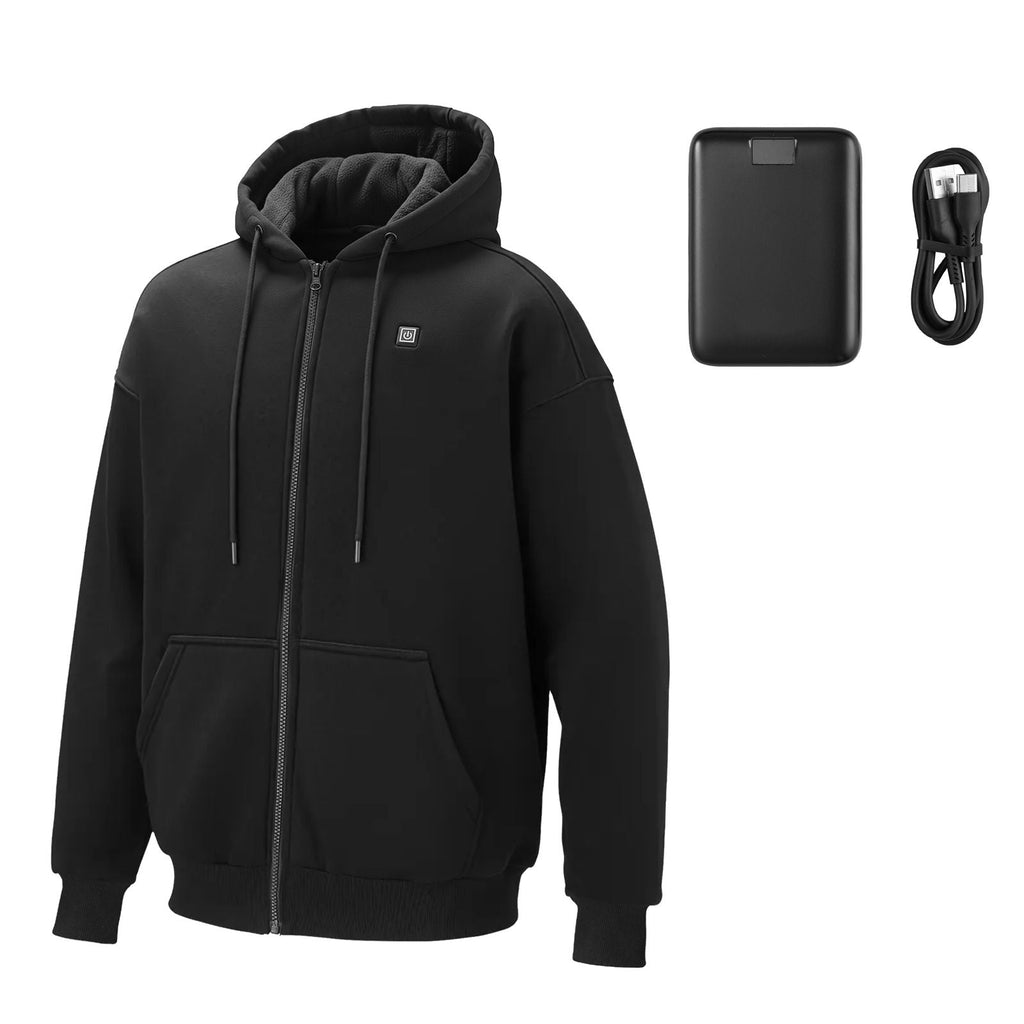 Heated Jacket Hoodie for Men Women, Heated Sweatshirt Unisex Full-Zip with 7.4V 16000mAh Power Bank Pack, 5 Heating Zones, 3 Temp Levels, 4-8H Warmth, for Winter Outdoor Camping, Black, XL Size